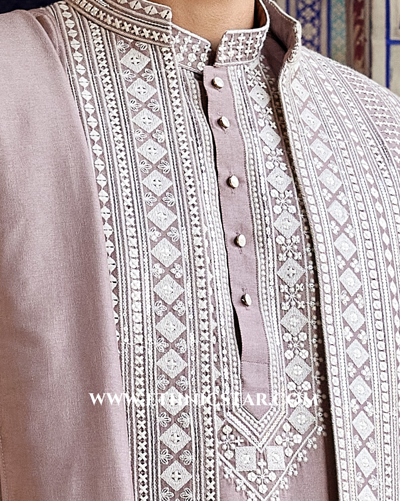 Onion Pink Wedding Indowestern Set With Embroidered Jacket